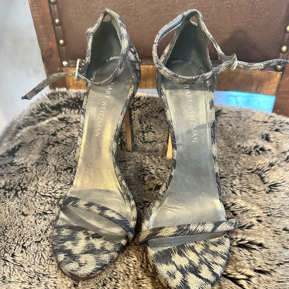 Stuart Weitzman Nudistrong Animal Print Metallic Stiletto Sandals, size 10
